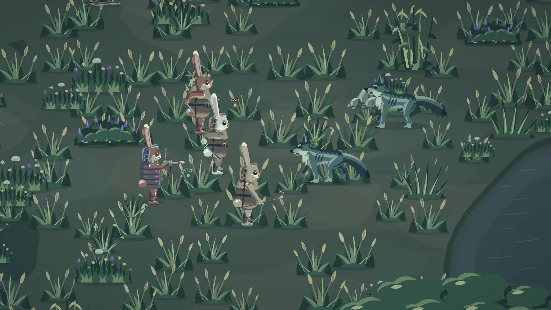 Four armoured rabbits, their names above them, fighting two wolves together in the woods at dusk: a sword swing, a spear thrust, daggers and a drawn bow
