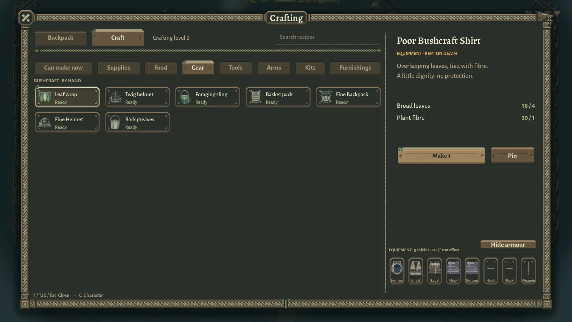 The crafting page open on gear: leaf wraps, helmets, packs and greaves ready to make from a stocked backpack