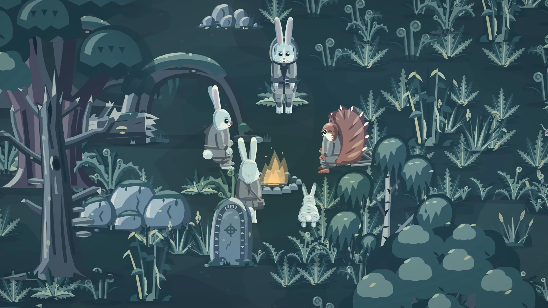Rabbits and a squirrel sitting round a campfire in the woods at night, a grown rabbit standing with them