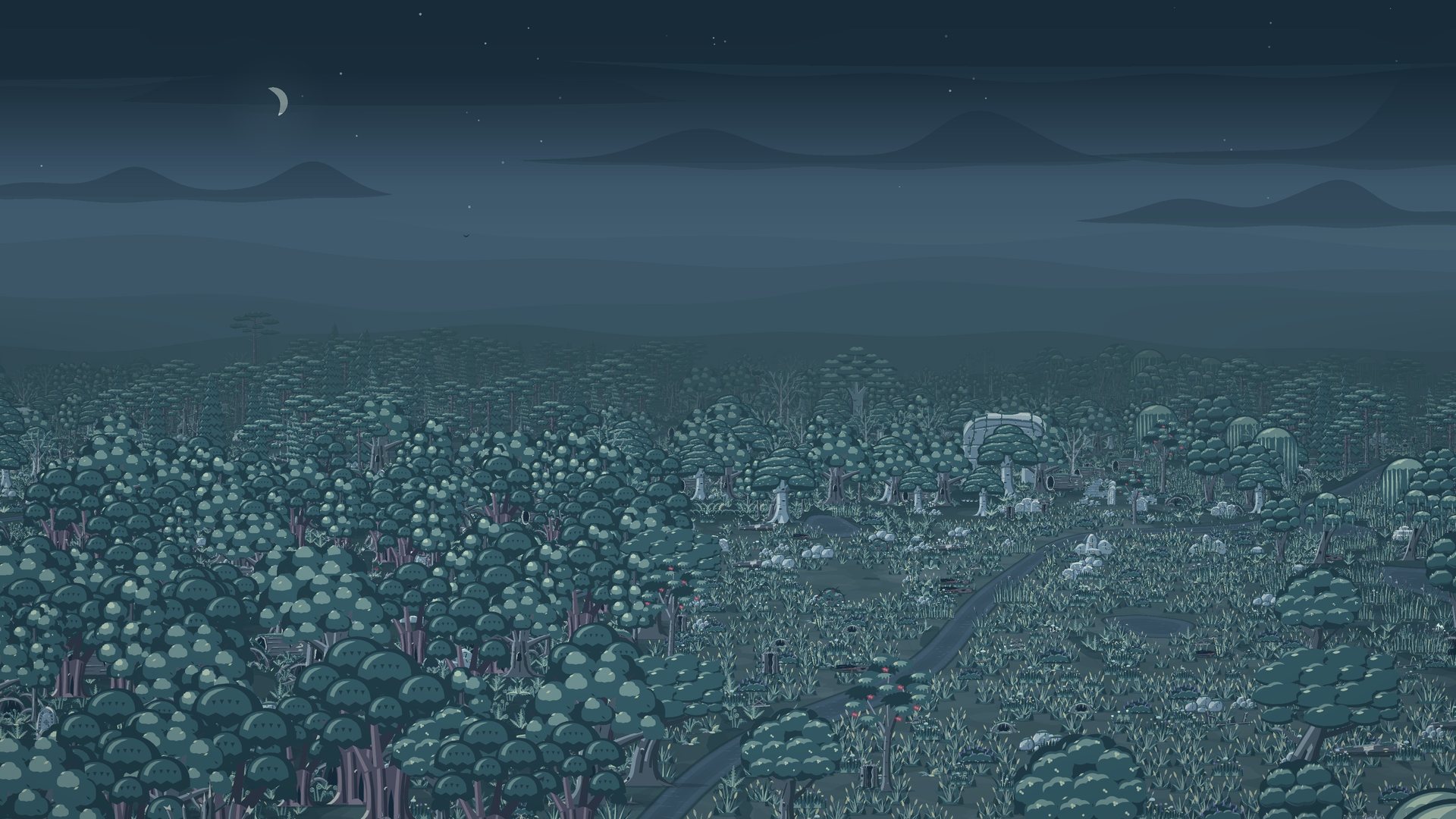 A moonlit forest seen from above, stretching away to misty hills and a crescent moon