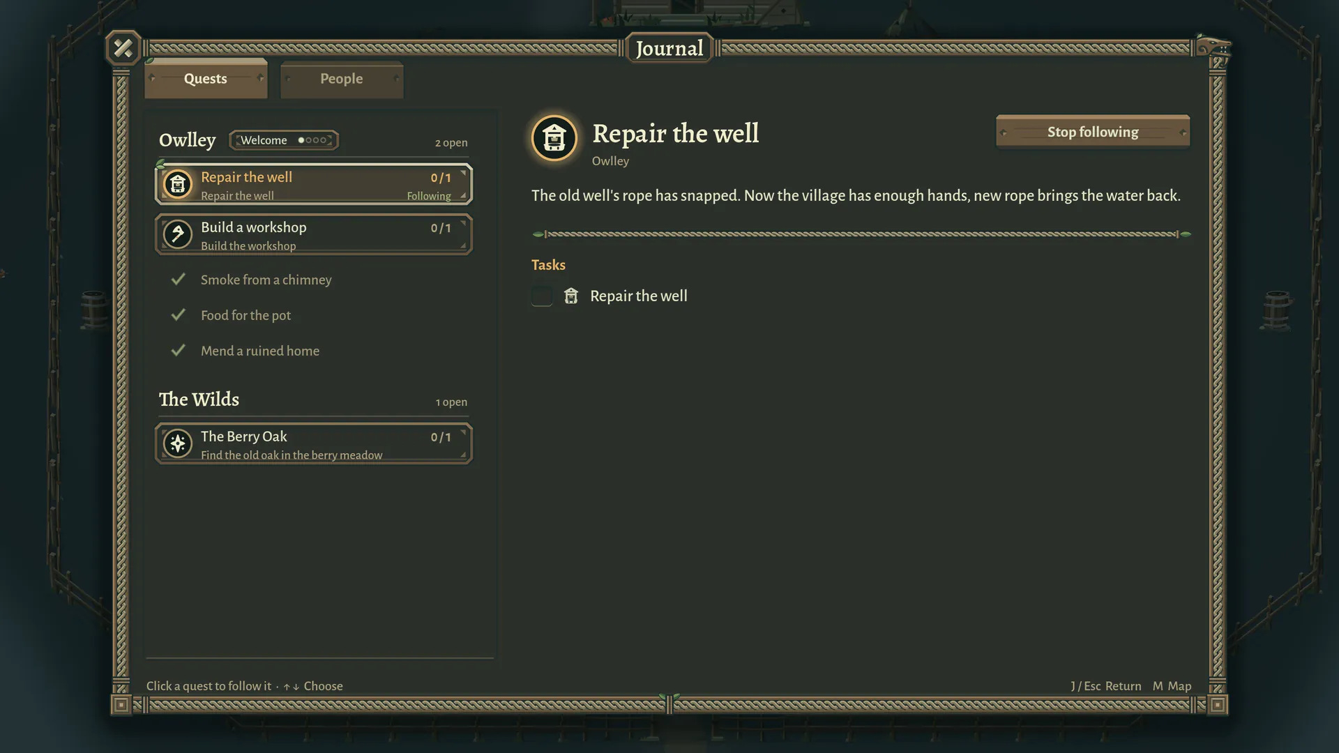 The journal: the village's quests (repair the well, build a workshop) and one out in the wilds, the Berry Oak