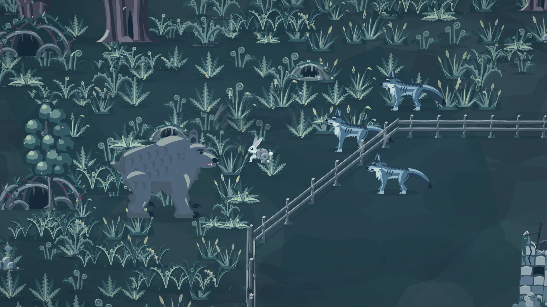 A small rabbit child caught at night between a snarling bear and three wolves, by the broken fence of a ruined town