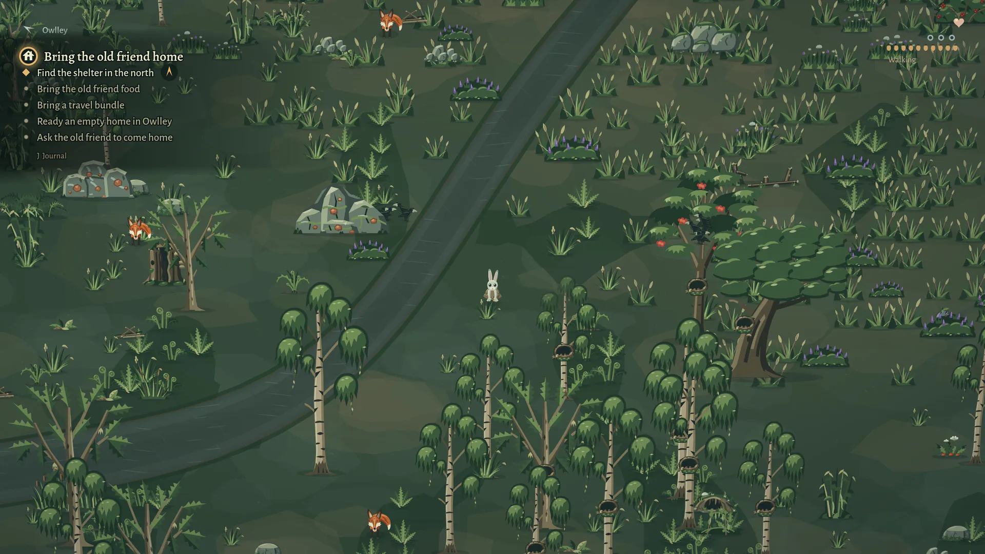 A rabbit child out in the birch woods with foxes about, the quest tracker reading: Bring the old friend home. Find the shelter in the north, bring food and a travel bundle, ready an empty home