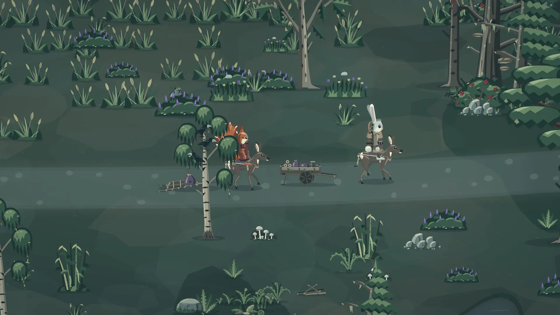 A grown rabbit riding a deer down a woodland road at dusk, a loaded wooden cart hitched behind, and a squirrel on a deer following with a travois