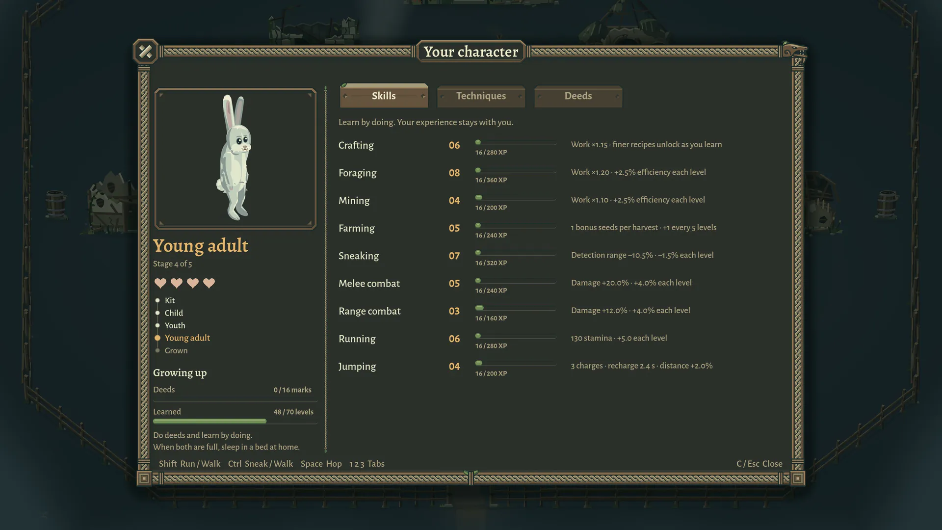 The character page: a young adult rabbit, five stages of growing up, and nine skills levelled by use