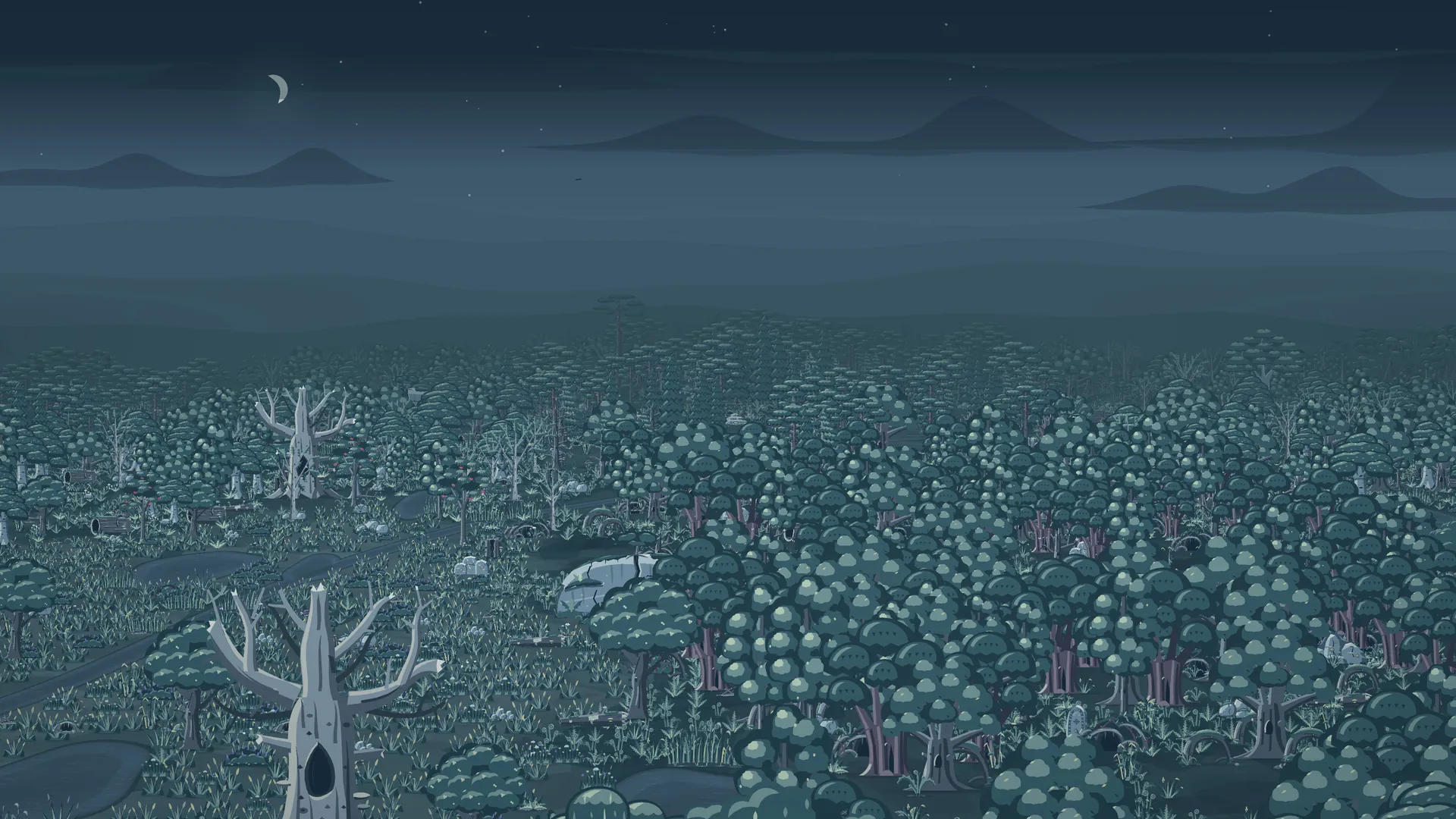 Night over the woods from high above: pale dead trees, dense old oaks, ponds and a winding path, misty hills beyond