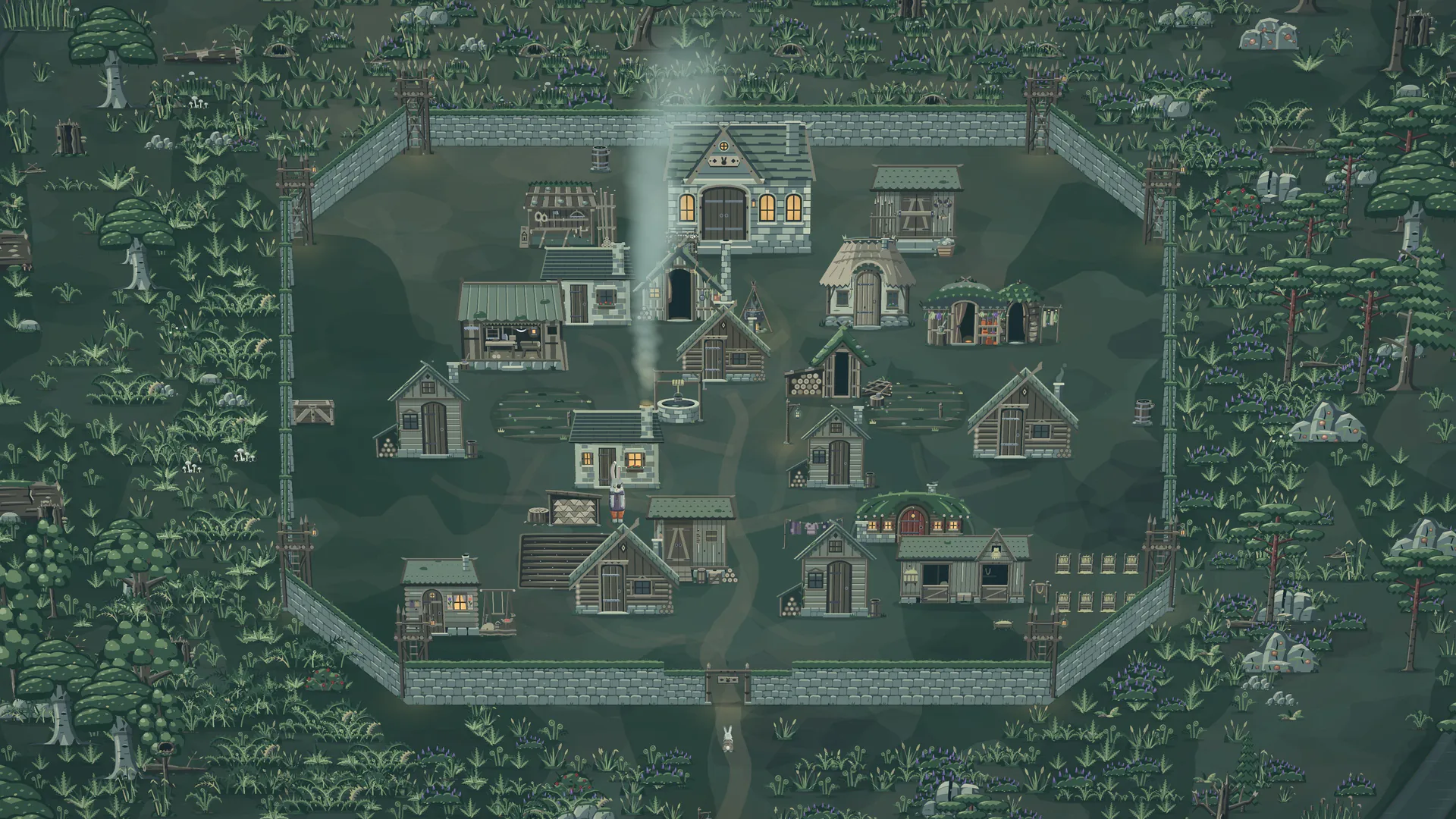 A walled rabbit town from above at dusk: a stone moot hall with lit windows, timber and stone homes, workshops, a well, fields and watchtowers on the walls